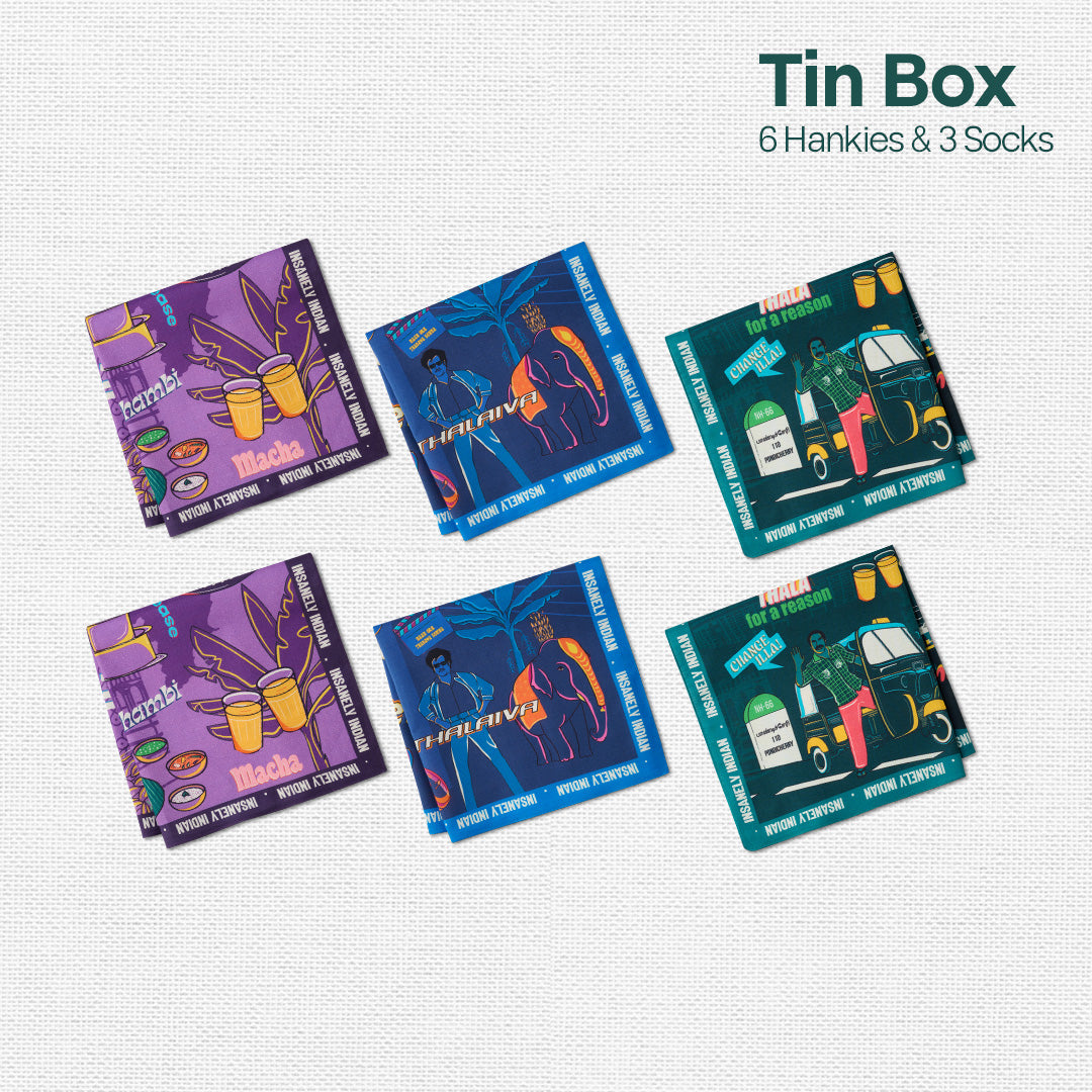 Vanakkam Vibes! Tin Gift Box, 6 Hankies + 3 Socks, 100% Organic Cotton, Box of 9