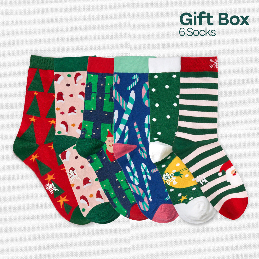 Season Splash! Tin Gift Box, Unisex Crew Length Socks, 100% Organic Cotton, Box of 6