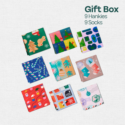 Ho Ho Haute! Tin Gift Box, 9 Unisex Hankies + 9 Unisex Crew Length Socks, 100% Organic Cotton, Box of 18