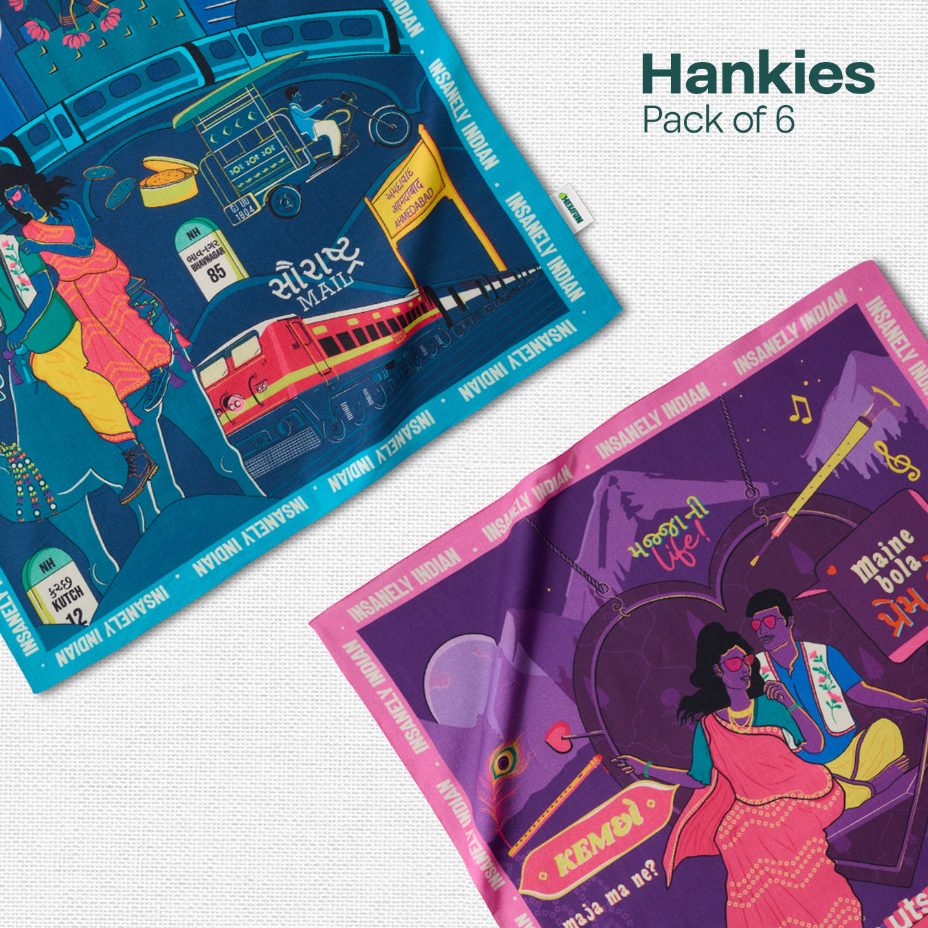 Insanely Gujarat Swag! Unisex Hankies, 100% Organic Cotton, Pack of 6