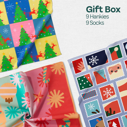 Saucy Santa! Tin Gift Box, 9 Unisex Kid's Hankies + 9 Unisex Kid's Socks, 100% Sustainable, Box of 18