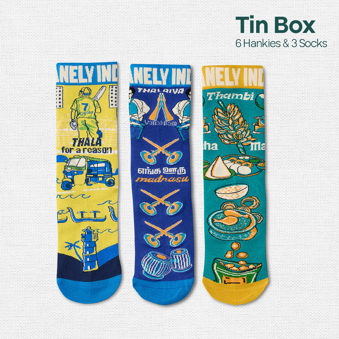 Vanakkam Vibes! Tin Gift Box, 6 Hankies + 3 Socks, 100% Organic Cotton, Box of 9