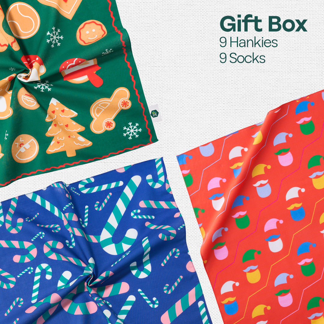 Ho Ho Haute! Tin Gift Box, 9 Unisex Hankies + 9 Unisex Ankle Length Socks, 100% Organic Cotton, Box of 18