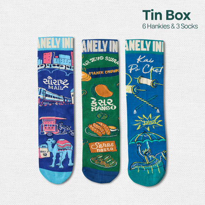 Majjama Mood Box! Tin Gift Box, 6 Hankies + 3 Socks, 100% Organic Cotton, Box of 9