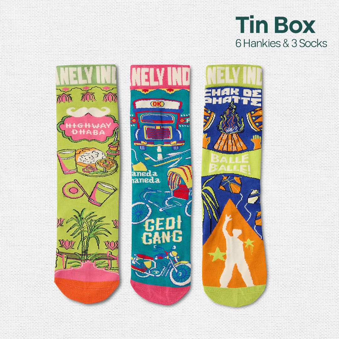 Horn Ok Please! Tin Gift Box, 6 Hankies + 3 Socks, 100% Organic Cotton, Box of 9