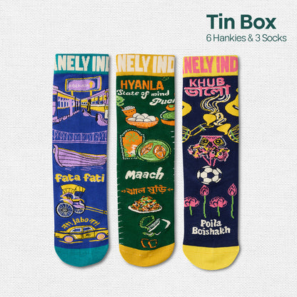 Next Level Bhalo! Tin Gift Box, 6 Hankies + 3 Socks, 100% Organic Cotton, Box of 9