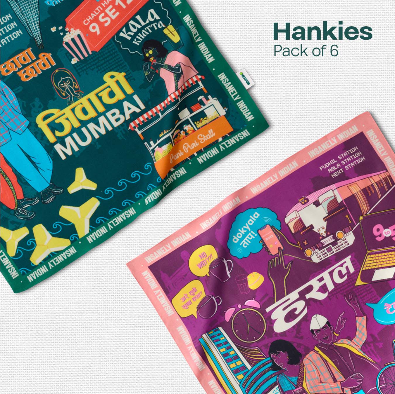 Insanely Maharashtra Swag! Unisex Hankies, 100% Organic Cotton, Pack of 6