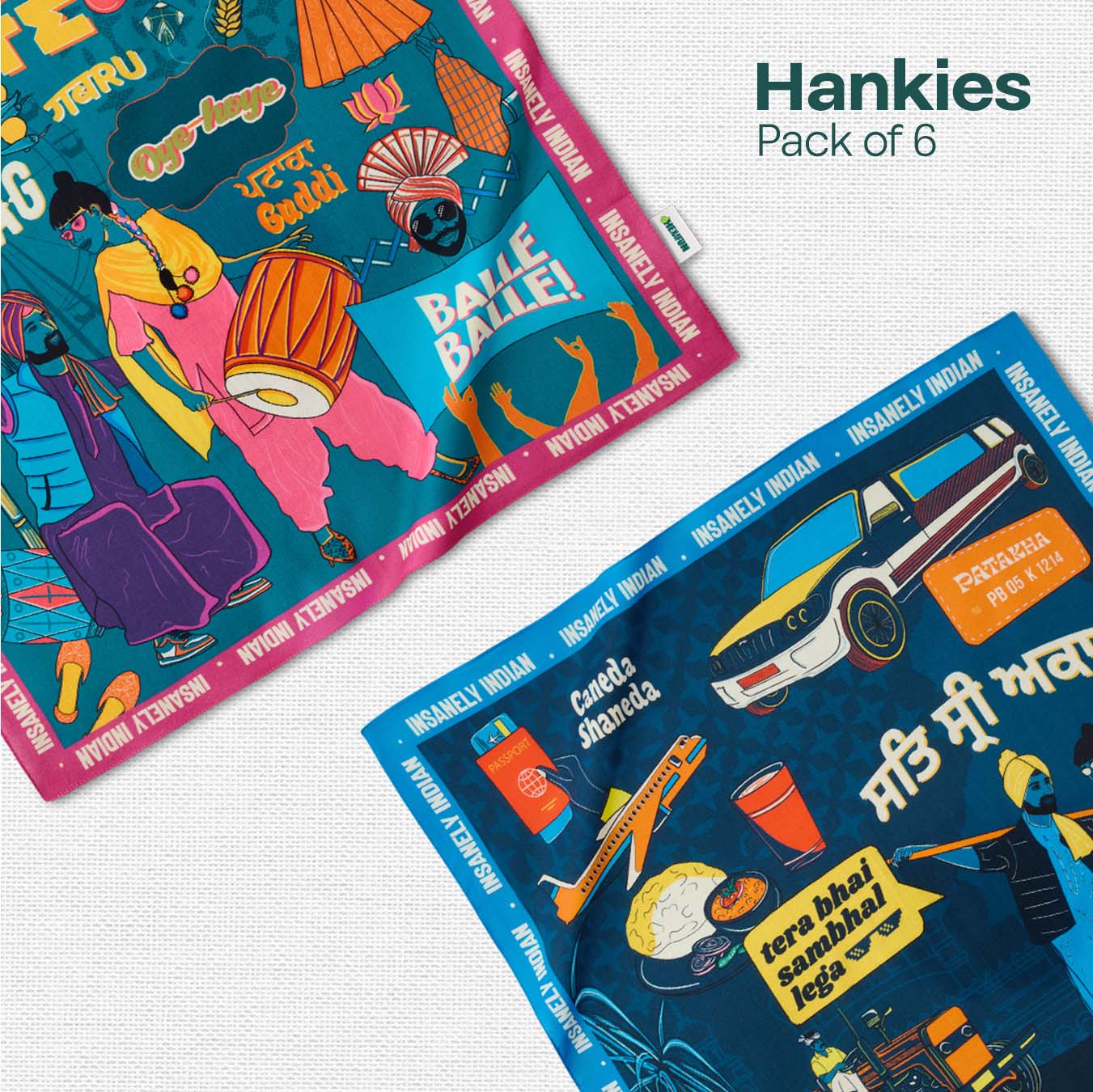 Insanely Punjab Swag! Unisex Hankies, 100% Organic Cotton, Pack of 6