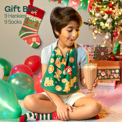 Saucy Santa! Tin Gift Box, 9 Unisex Kid's Hankies + 9 Unisex Kid's Socks, 100% Sustainable, Box of 18