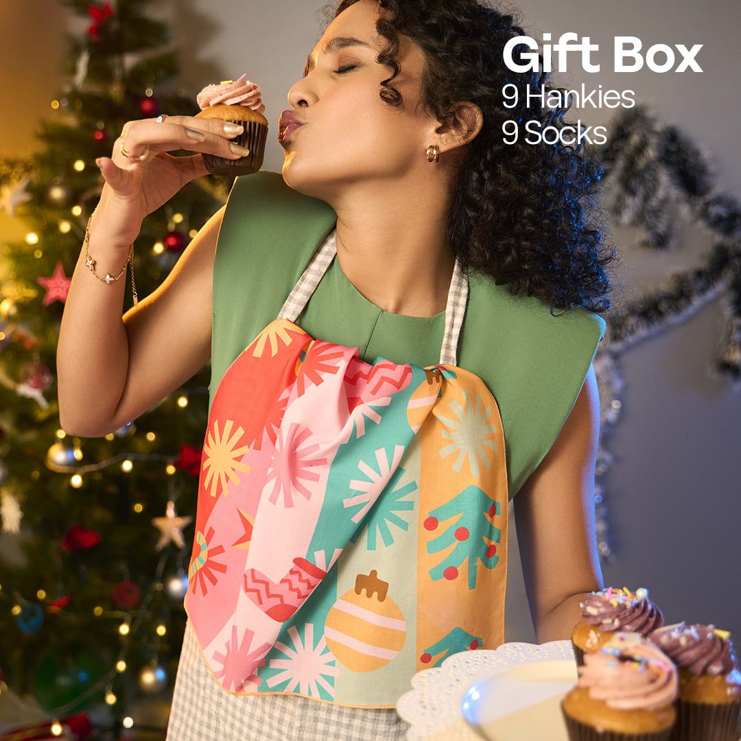 Ho Ho Haute! Tin Gift Box, 9 Unisex Hankies + 9 Unisex Ankle Length Socks, 100% Organic Cotton, Box of 18