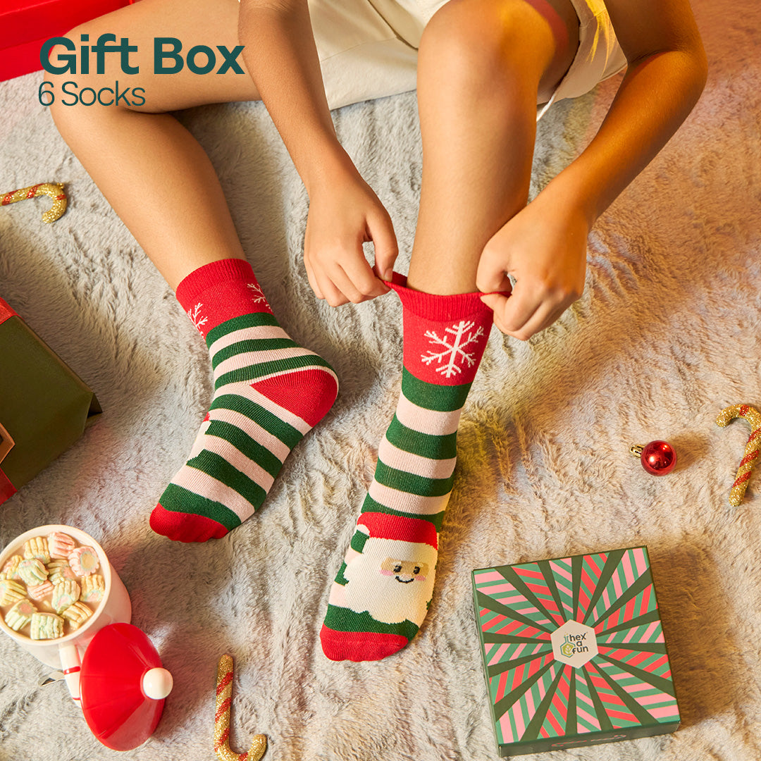 Feelin’ Jolly! Tin Gift Box, Unisex Kid's Socks, 100% Bamboo, Crew Length, Box of 6