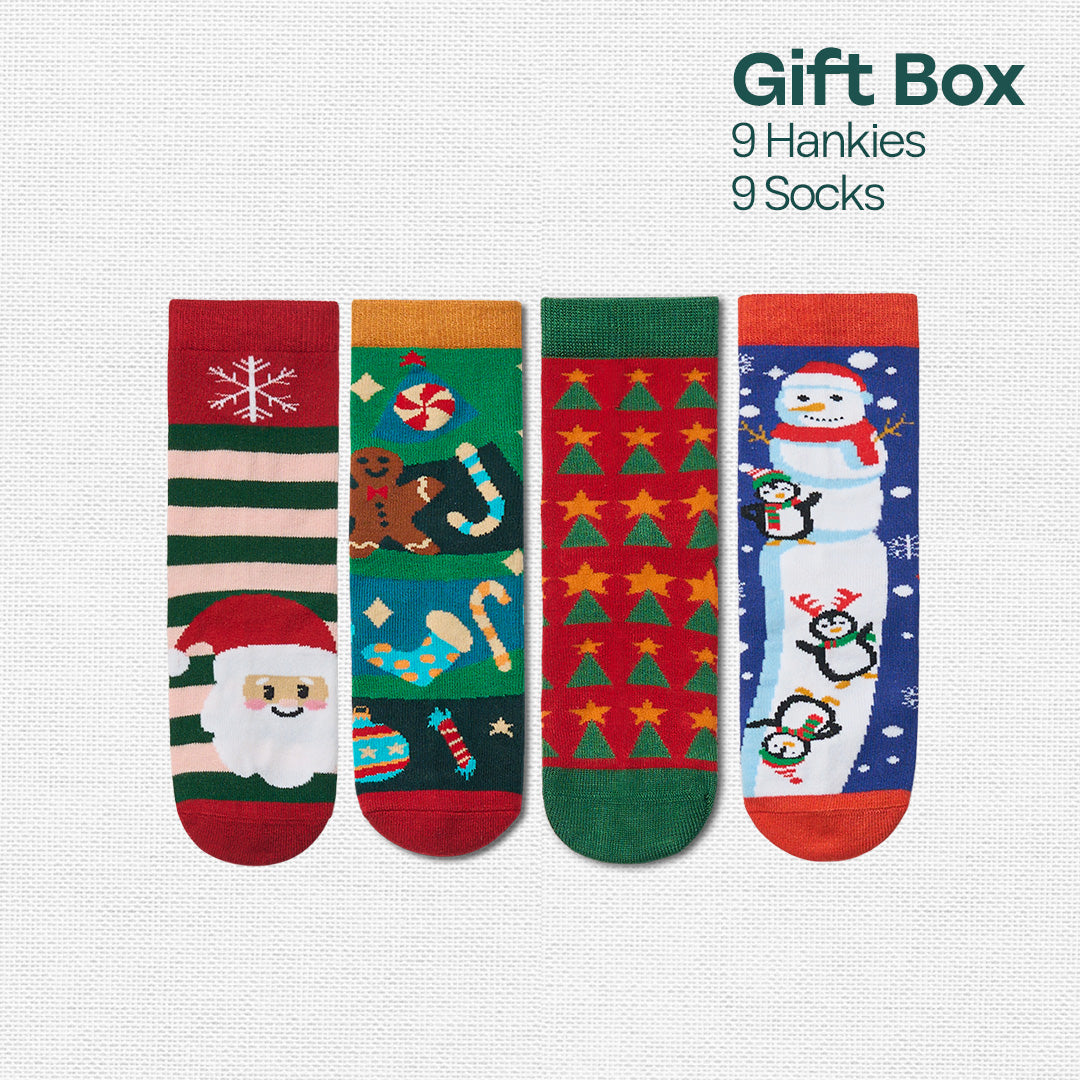 Saucy Santa! Tin Gift Box, 9 Unisex Kid's Hankies + 9 Unisex Kid's Socks, 100% Sustainable, Box of 18