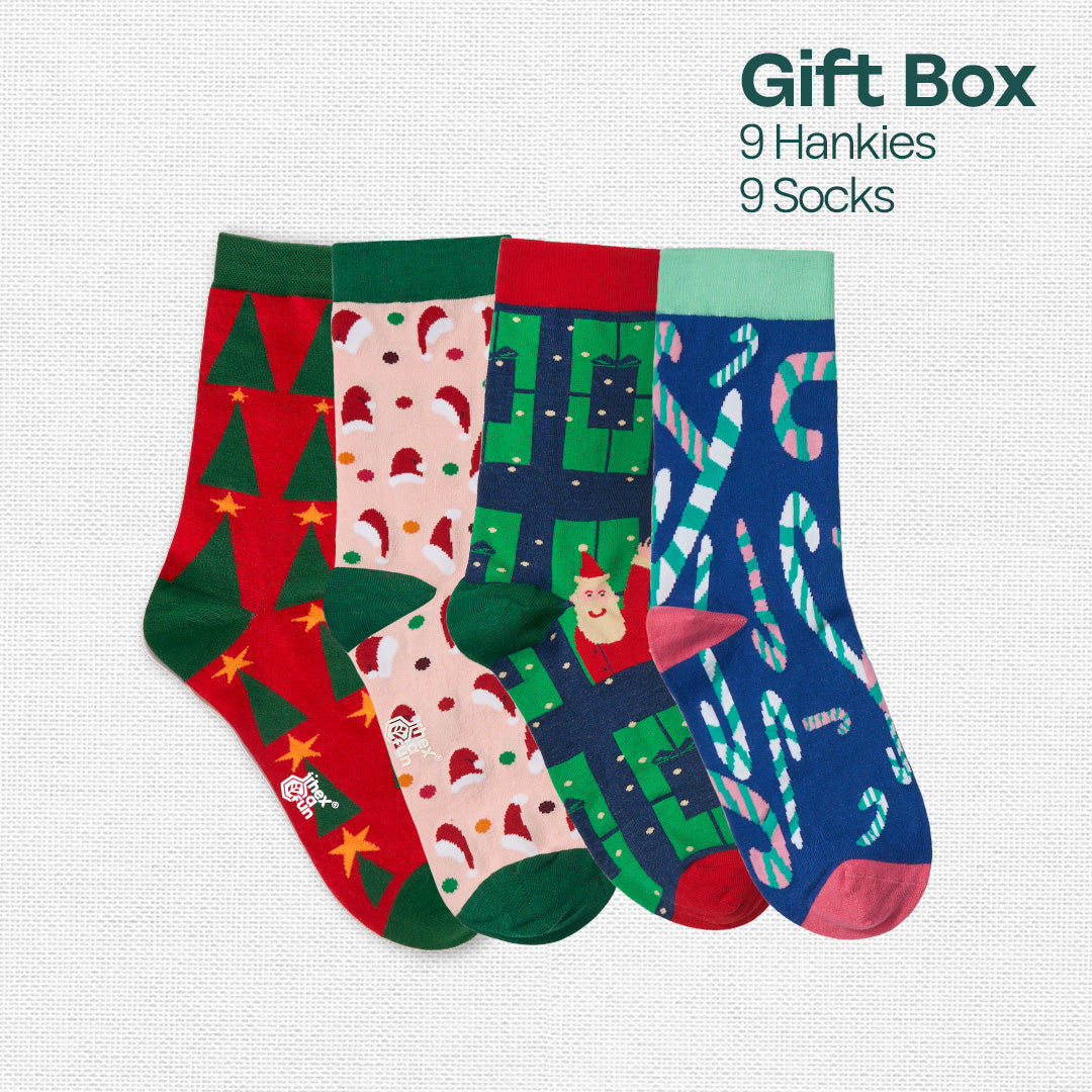 Ho Ho Haute! Tin Gift Box, 9 Unisex Hankies + 9 Unisex Crew Length Socks, 100% Organic Cotton, Box of 18