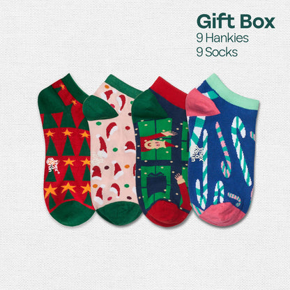 Ho Ho Haute! Tin Gift Box, 9 Unisex Hankies + 9 Unisex Ankle Length Socks, 100% Organic Cotton, Box of 18