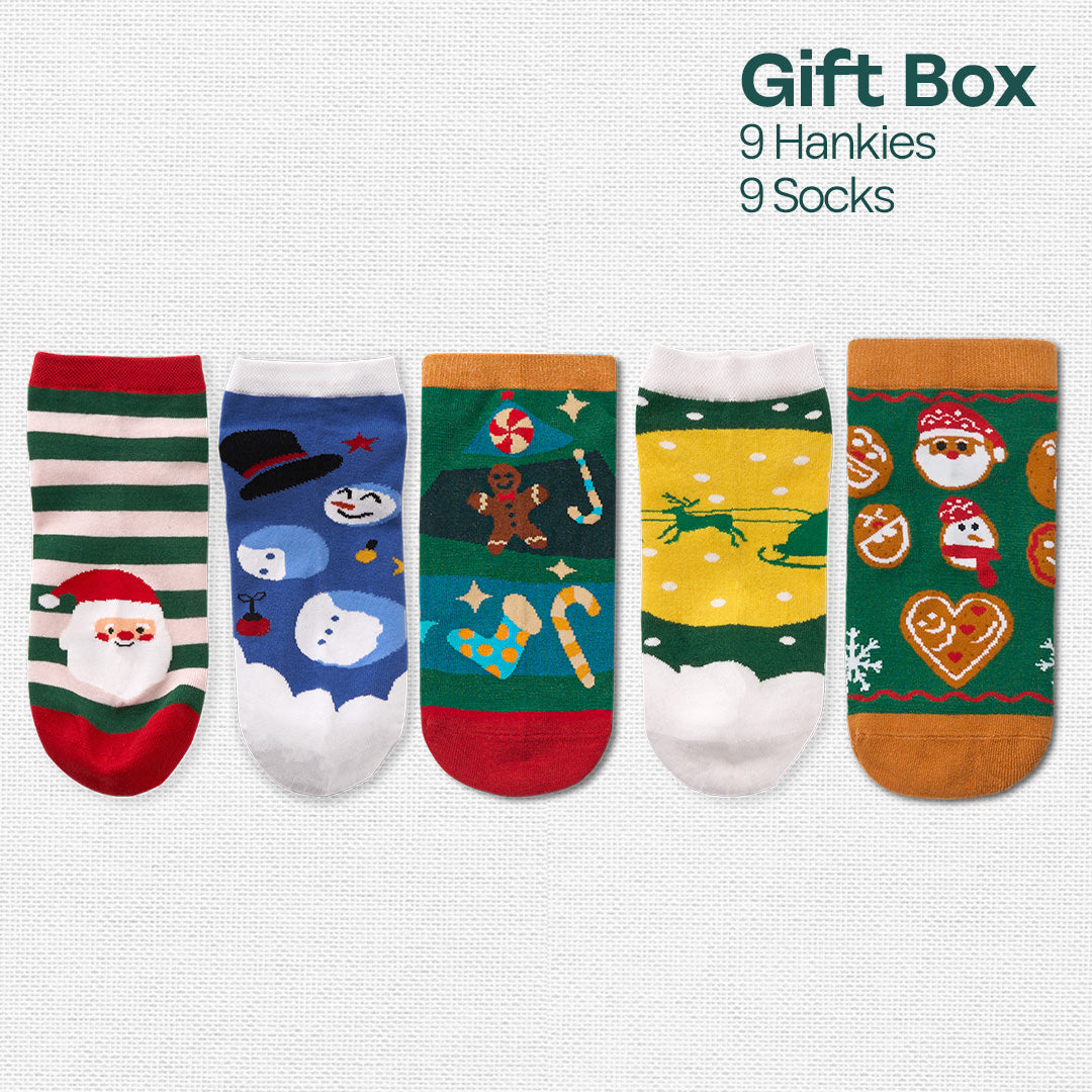 Ho Ho Haute! Tin Gift Box, 9 Unisex Hankies + 9 Unisex Ankle Length Socks, 100% Organic Cotton, Box of 18