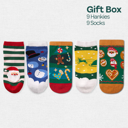 Ho Ho Haute! Tin Gift Box, 9 Unisex Hankies + 9 Unisex Ankle Length Socks, 100% Organic Cotton, Box of 18