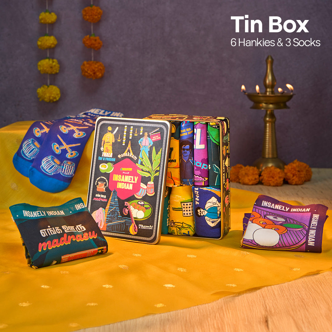 Vanakkam Vibes! Tin Gift Box, 6 Hankies + 3 Socks, 100% Organic Cotton, Box of 9