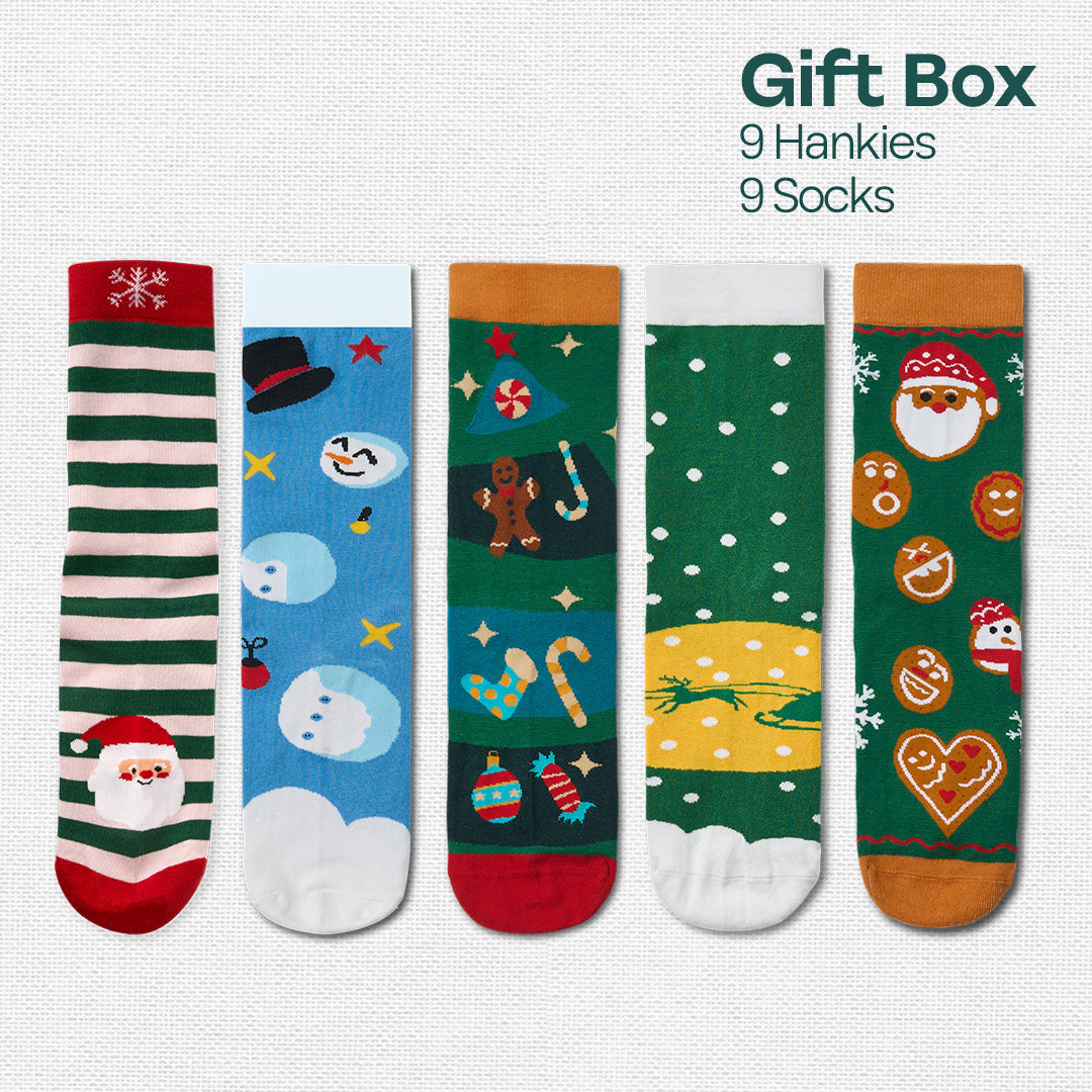 Ho Ho Haute! Tin Gift Box, 9 Unisex Hankies + 9 Unisex Crew Length Socks, 100% Organic Cotton, Box of 18