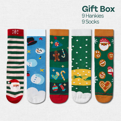 Ho Ho Haute! Tin Gift Box, 9 Unisex Hankies + 9 Unisex Crew Length Socks, 100% Organic Cotton, Box of 18