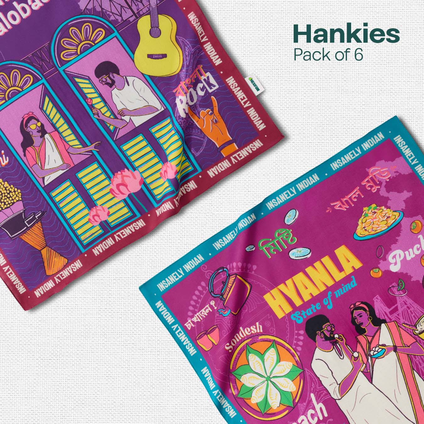 Insanely Bengal Swag! Unisex Hankies, 100% Organic Cotton, Pack of 6