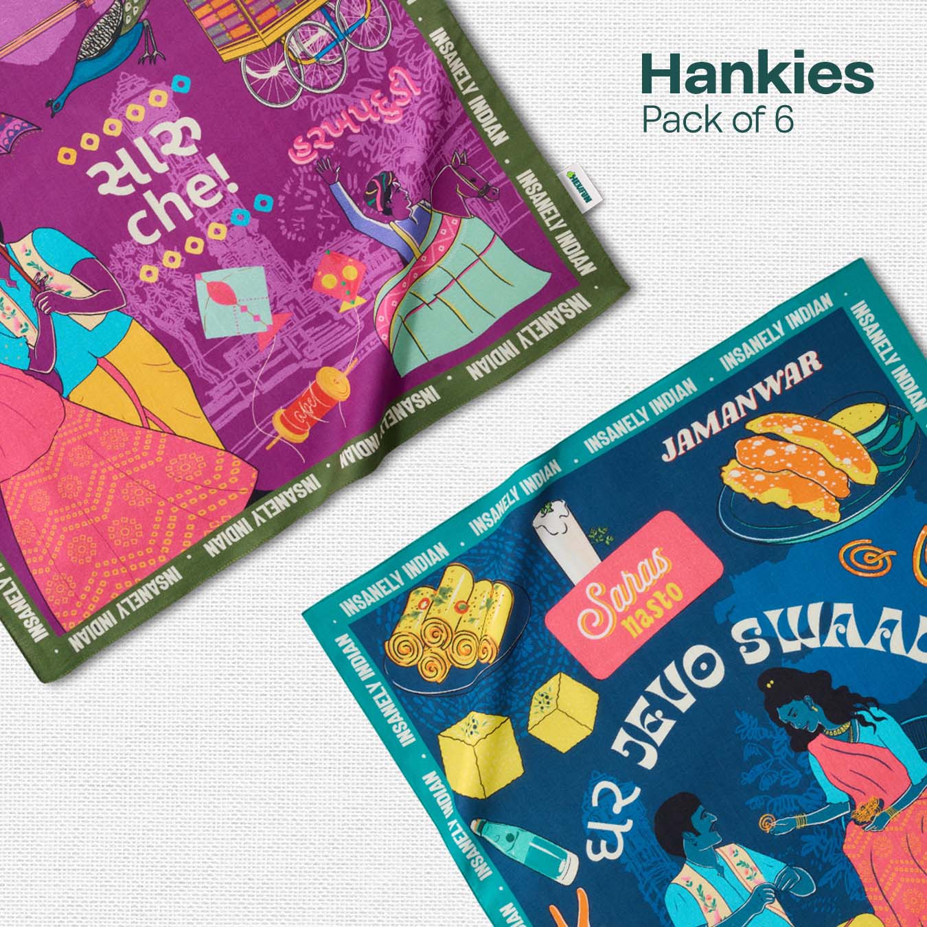 Insanely Gujarat Swag! Unisex Hankies, 100% Organic Cotton, Pack of 6