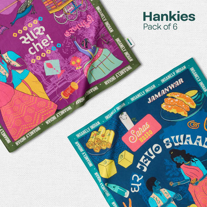 Insanely Gujarat Swag! Unisex Hankies, 100% Organic Cotton, Pack of 6