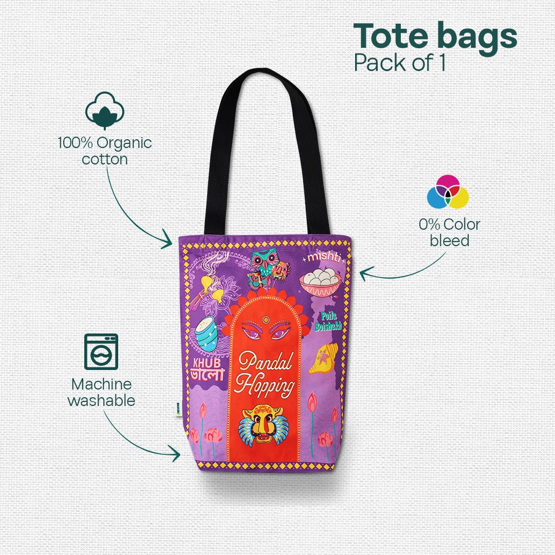 Pujo Mode Always! Canvas Tote Bag, 100% Organic Cotton, Pack of 1
