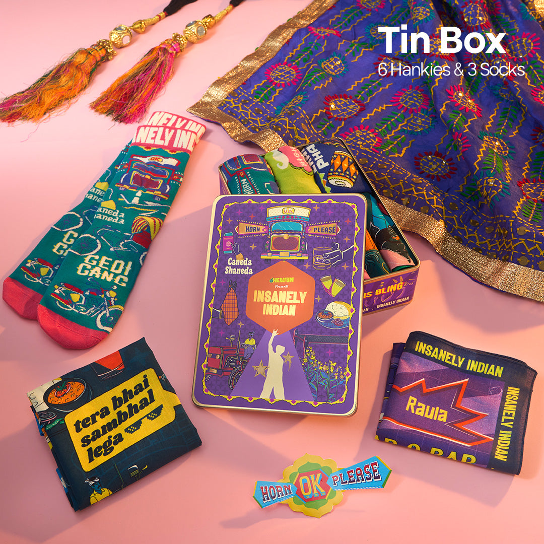 Horn Ok Please! Tin Gift Box, 6 Hankies + 3 Socks, 100% Organic Cotton, Box of 9