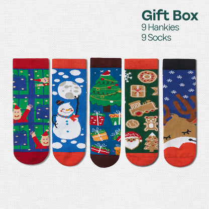 Saucy Santa! Tin Gift Box, 9 Unisex Kid's Hankies + 9 Unisex Kid's Socks, 100% Sustainable, Box of 18