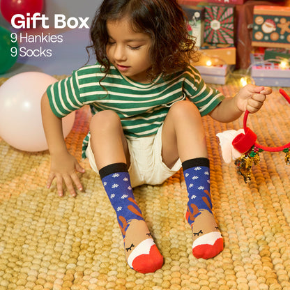 Saucy Santa! Tin Gift Box, 9 Unisex Kid's Hankies + 9 Unisex Kid's Socks, 100% Sustainable, Box of 18