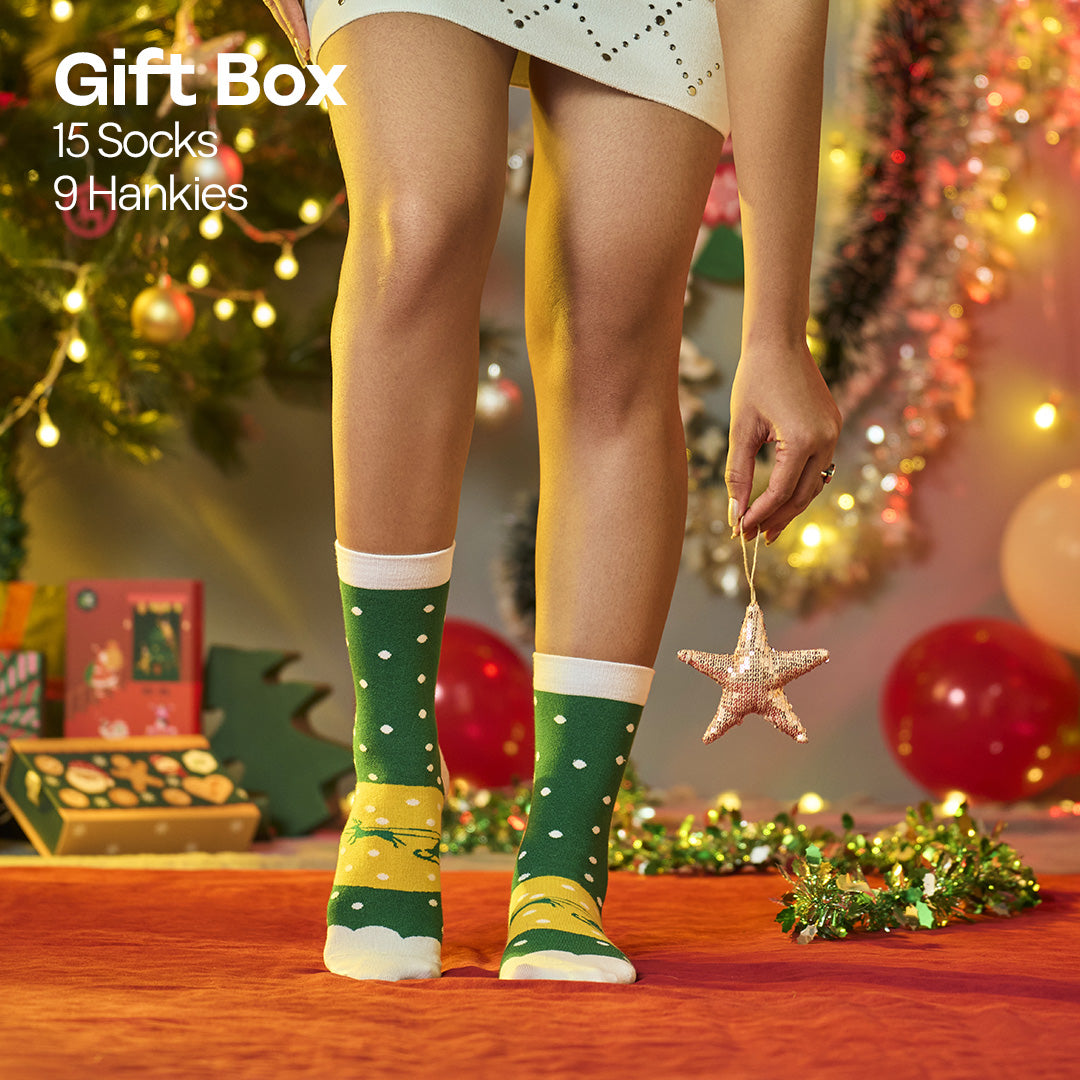 Ho Ho Haute! Tin Gift Box, 9 Unisex Hankies + 9 Unisex Crew Length Socks, 100% Organic Cotton, Box of 18