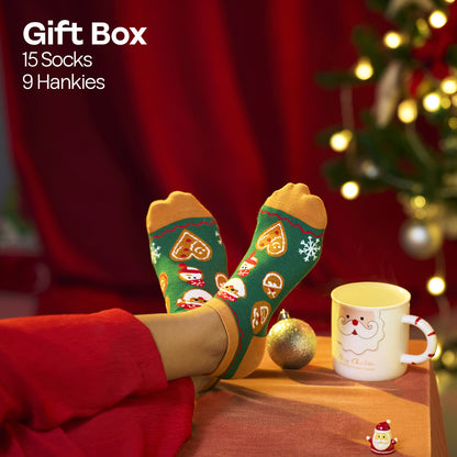 Ho Ho Haute! Tin Gift Box, 9 Unisex Hankies + 9 Unisex Ankle Length Socks, 100% Organic Cotton, Box of 18