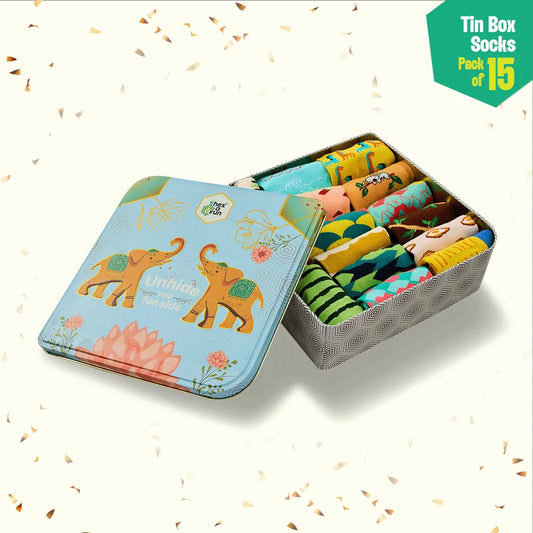 Trunk Call! Tin Gift Box, Unisex Crew Length Socks, 100% Organic Cotton, Box Of 15