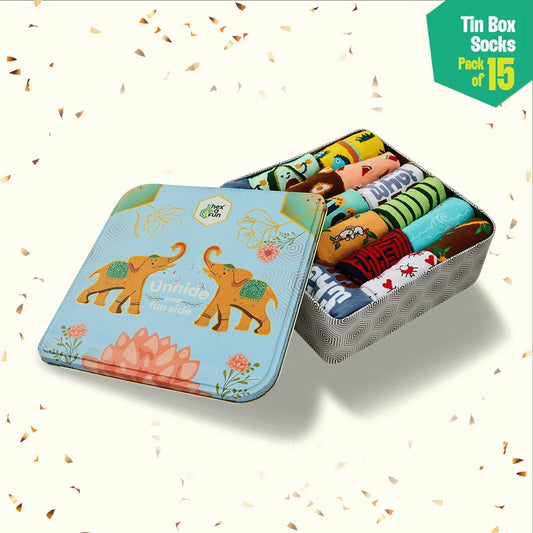Elephant In The Room! Tin Gift Box, Unisex Ankle Length Socks, 100% Organic Cotton, Box Of 15