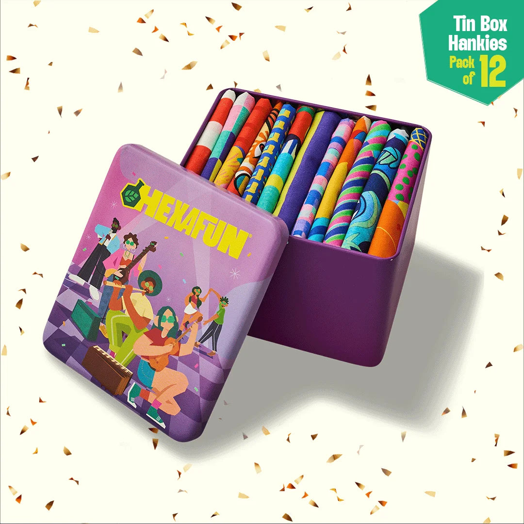Tune In! Tin Gift Box, Unisex Hankies, 100% Organic Cotton, Gift Box of 15