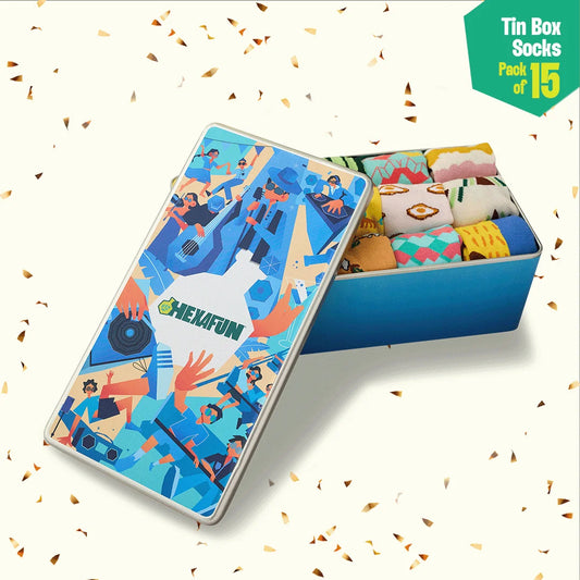 Carnival! Tin Gift Box, Unisex Crew Length Socks, 100% Organic Cotton, Box Of 15