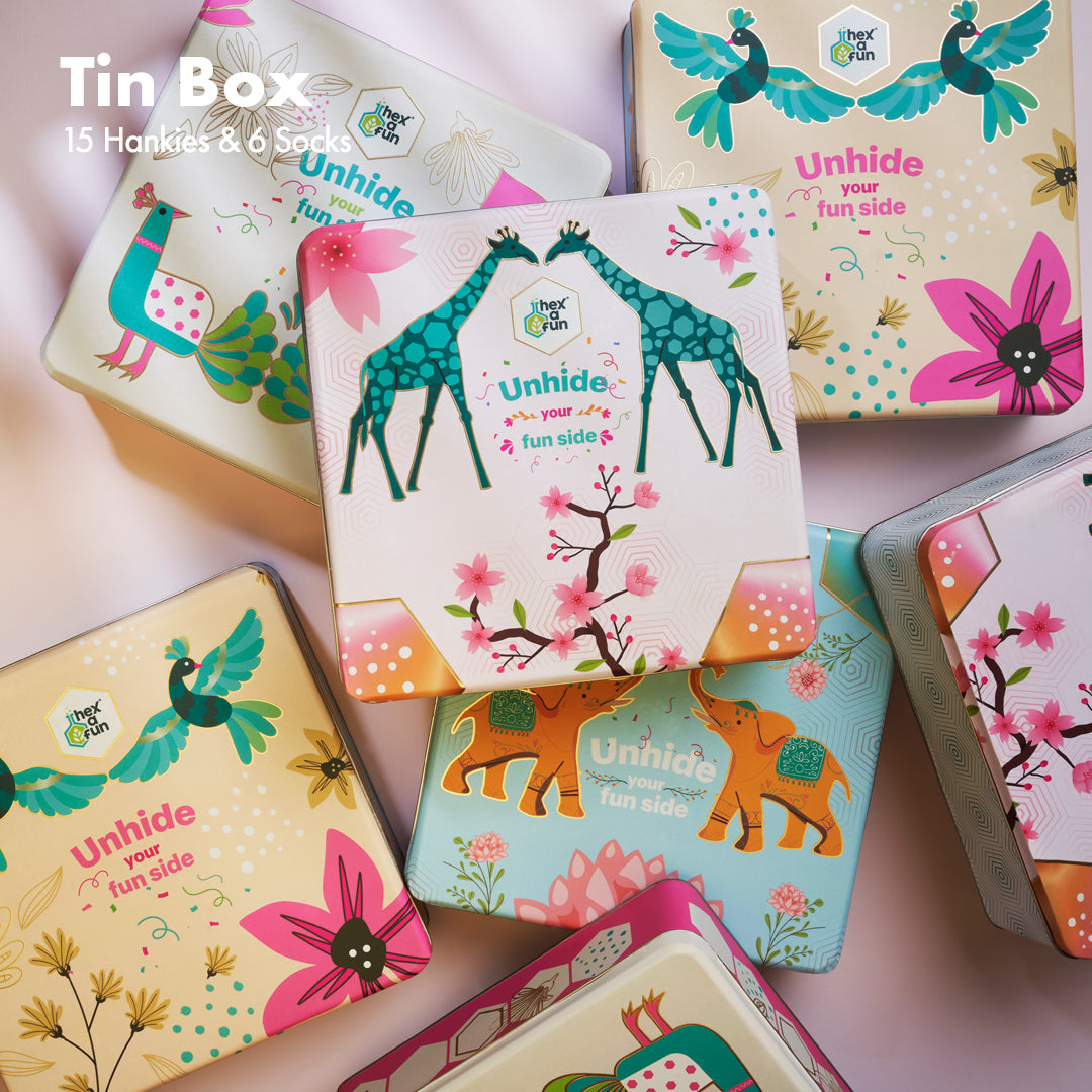 GMT! Giraffe Mood Time! Tin Gift Box, 15 Kid's Hankies + 6 Kid's Socks, 100% Organic Cotton, Box of 21