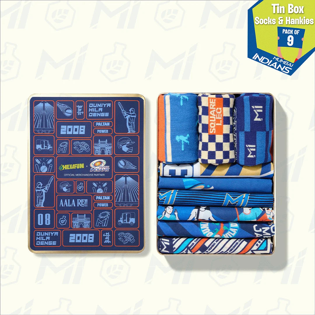 Duniya Hila Denge! Tin Gift Box, 6 Unisex Hankies + 3 Unisex Crew Length Socks, 100% Sustainable, Box of 9