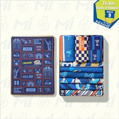 Duniya Hila Denge! Tin Gift Box, 6 Unisex Hankies + 3 Unisex Crew Length Socks, 100% Sustainable, Box of 9