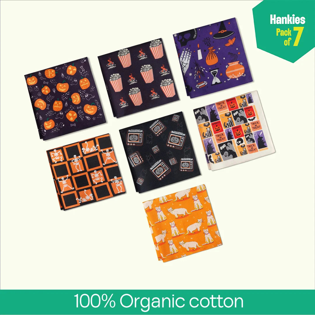 Spooky Vibes! Unisex Hankies, 100% Organic Cotton, Pack of 7