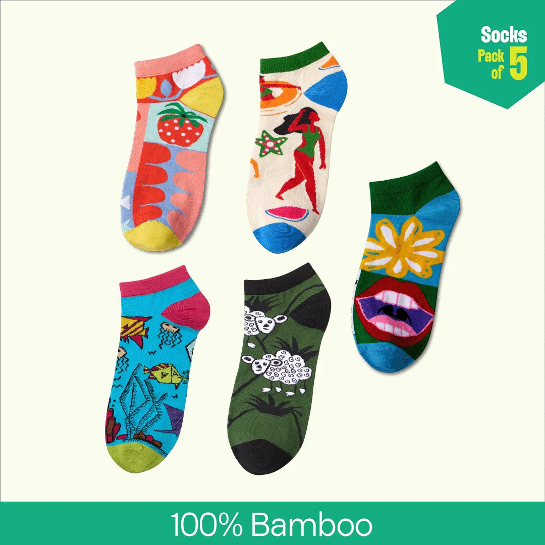 Fashion Fusion! Unisex Socks, 100% Bamboo Made, Ankle Length, Pack of 5
