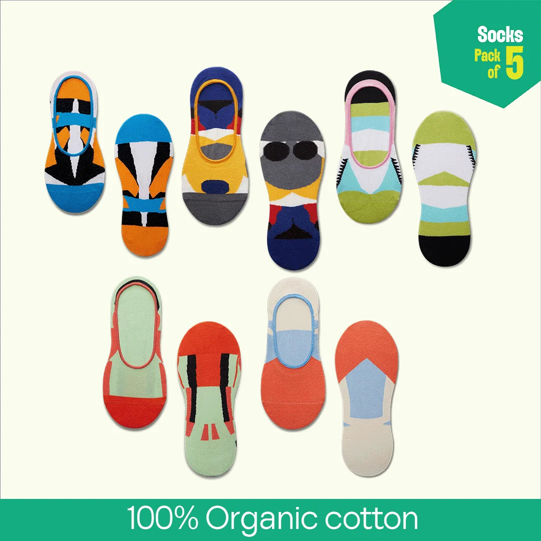 Out Of The Block! Unisex Socks, 100% Organic Cotton, No Show, Pack of 5