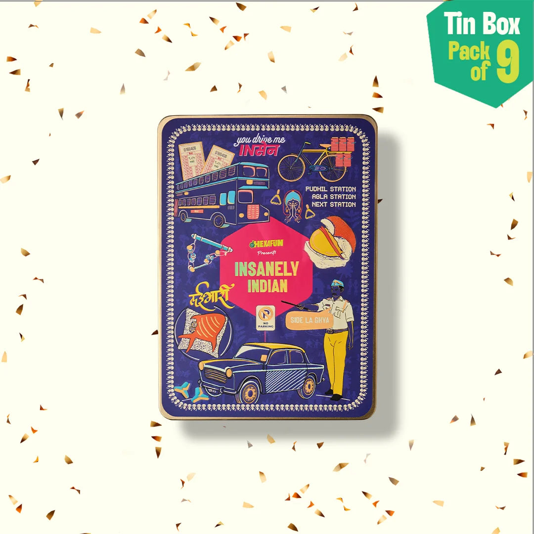 Lai Bhari Drip! Tin Gift Box, 6 Hankies + 3 Socks, 100% Organic Cotton, Box of 9