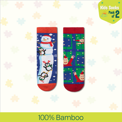 Snowy Holiday! Unisex Kid's Socks, 100% Bamboo, Crew Length, Pack of 2