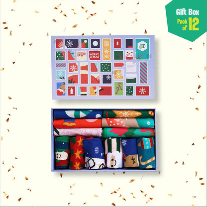 Xmas Stamps 2.0! 6 Unisex Kid's Socks + 6 Unisex Kid's Hankies, 100% Sustainable, Gift Box of 12