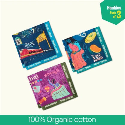Gujju Paglu! Unisex Hankies, 100% Organic Cotton, Pack of 3