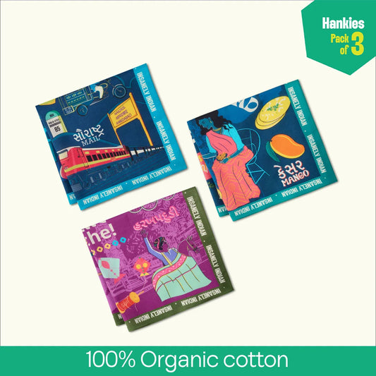 Gujju Paglu! Unisex Hankies, 100% Organic Cotton, Pack of 3