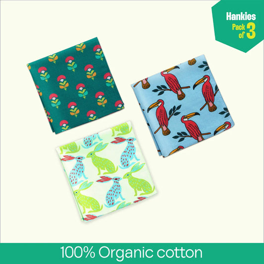 F&F! Flora & Fauna! Unisex Hankies, 100% Organic Cotton, Pack of 3