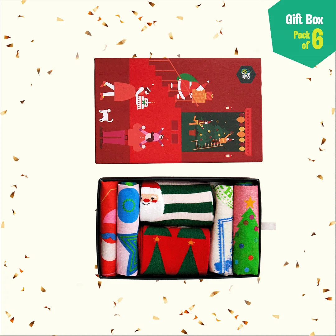 JLT! Jingle Bell Like That! 2 Unisex Ankle Length Socks + 4 Unisex Hankies, 100% Organic Cotton, Gift Box of 6