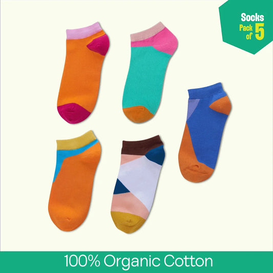 Color Pop Story! Unisex Socks, 100% Organic Cotton,  Ankle Length, Pack of 5
